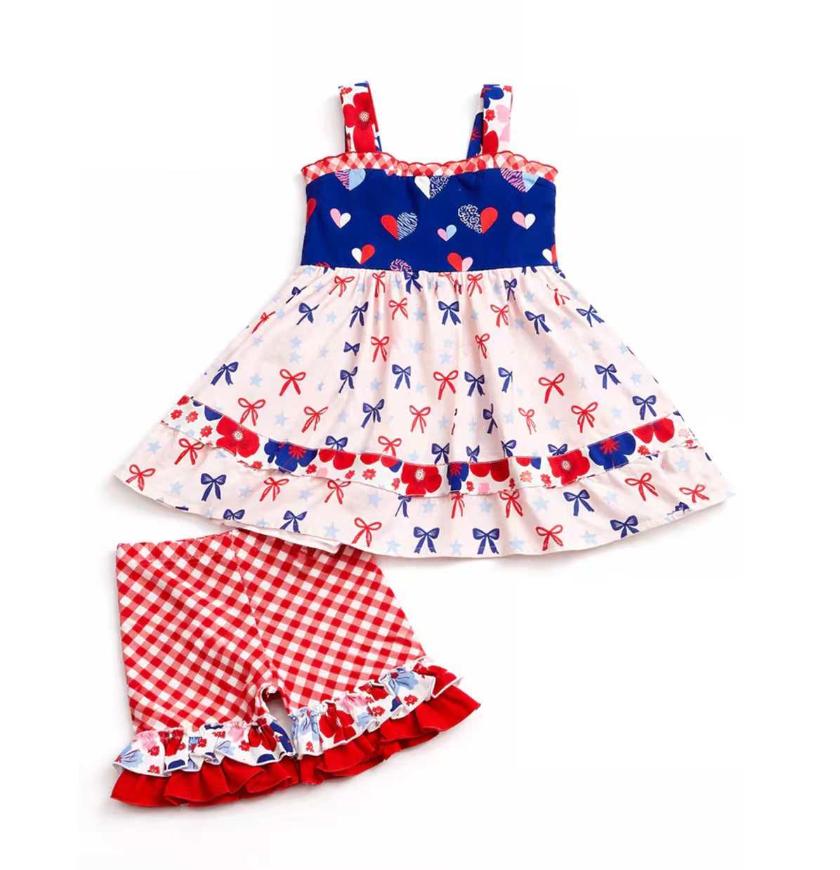 4.6 4th of July Girls Outfit, Red White Blue Heart Bow Dress & Gingham Shorts Set Preorder
