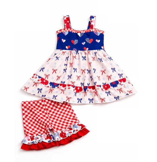 4.6 4th of July Girls Outfit, Red White Blue Heart Bow Dress & Gingham Shorts Set Preorder