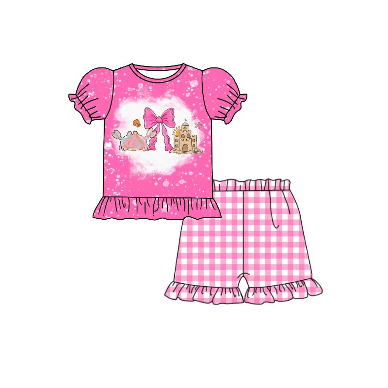 4.6 Girls Pink Beach Print 2-Piece Outfit, Kids Crab & Sandcastle Ruffle Top with Gingham Shorts, Summer Casual Set for Little Girls Preorder
