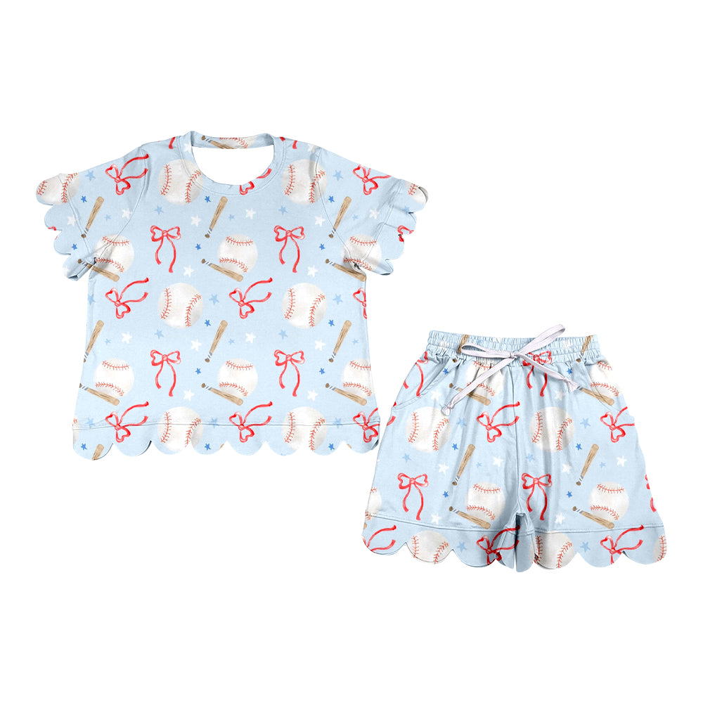 4.6 Women Light Blue Baseball Print 2-Piece Summer Scalloped Outfit Preorder