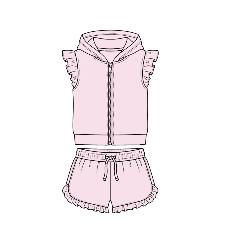 4.7 Light Pink Solid Color Flutter Sleeve Hoodie Top with Shorts Outfit Preorder