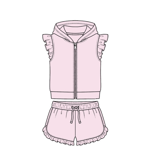 4.7 Light Pink Solid Color Flutter Sleeve Hoodie Top with Shorts Outfit Preorder