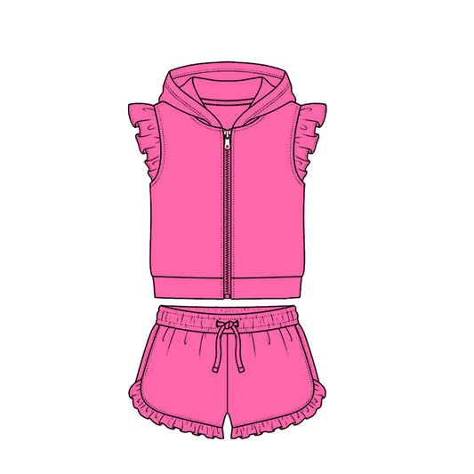 4.7 Hot Pink Solid Color Flutter Sleeve Hoodie Top with Shorts Outfit Preorder