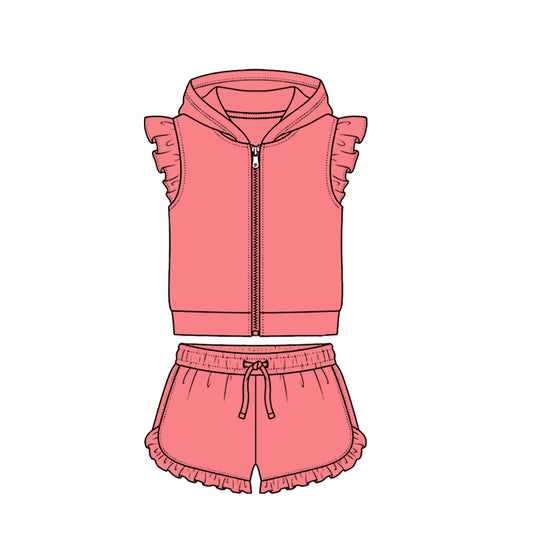 4.7 Coral Solid Color Flutter Sleeve Hoodie Top with Shorts Outfit Preorder