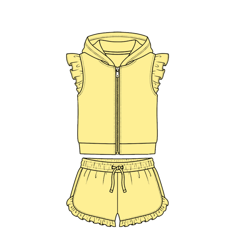 4.7 Yellow Solid Color Flutter Sleeve Hoodie Top with Shorts Outfit Preorder