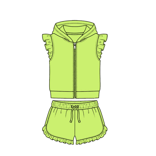 4.7 neon green Solid Color Flutter Sleeve Hoodie Top with Shorts Outfit Preorder