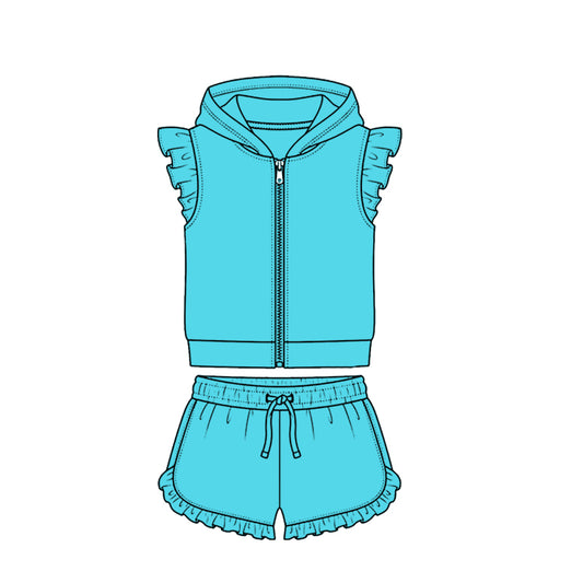 4.7 Blue Solid Color Flutter Sleeve Hoodie Top with Shorts Outfit Preorder