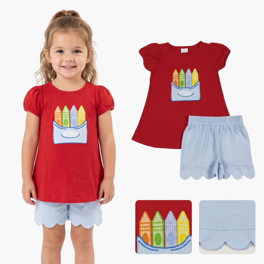 GSSO3727 Pen Embroidery Red Top Blue Scallop Shorts Girls Back to School Cotton Clothes Set