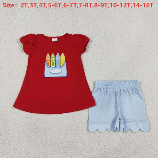 GSSO3727 Pen Embroidery Red Top Blue Scallop Shorts Girls Back to School Cotton Clothes Set