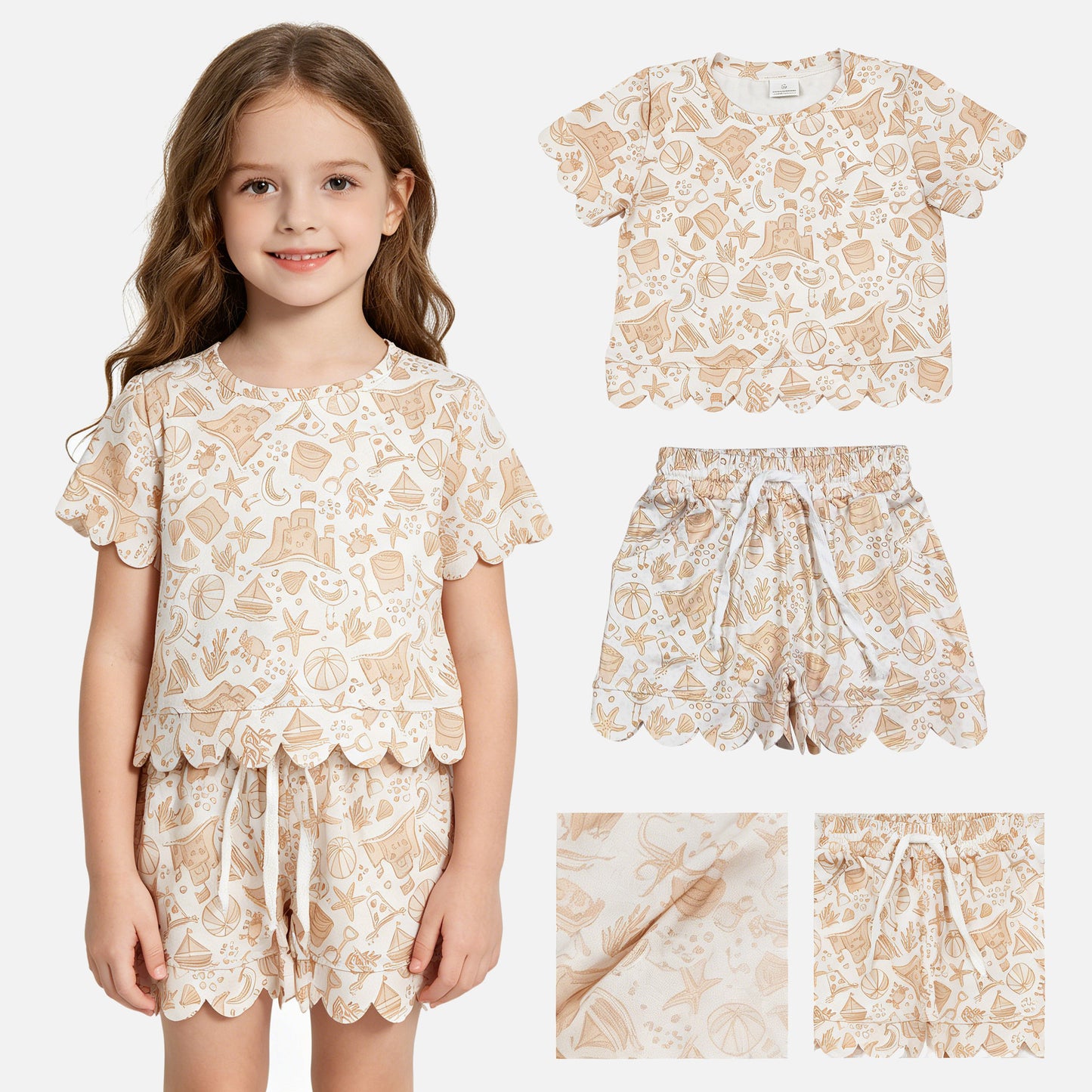 GSSO3728 Beach Play Shorts Girls Summer Scallop Clothes Set