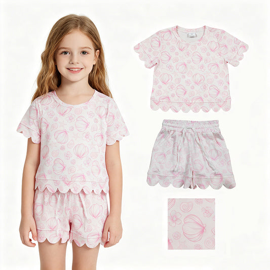 GSSO3729 Shell Flowers Pink Print Shorts Girls Summer Scallop Clothes Set
