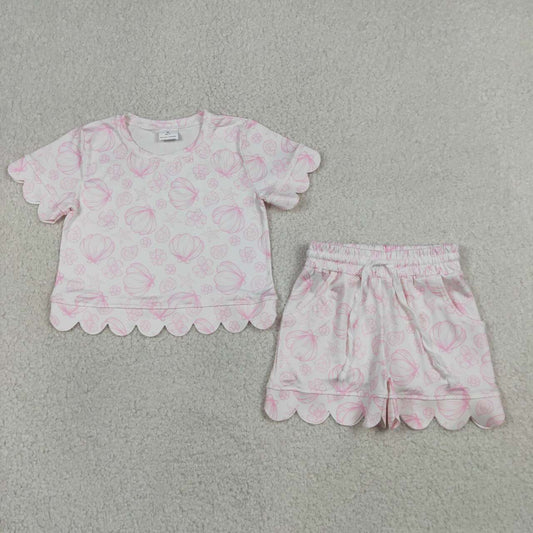 GSSO3729 Shell Flowers Pink Print Shorts Girls Summer Scallop Clothes Set