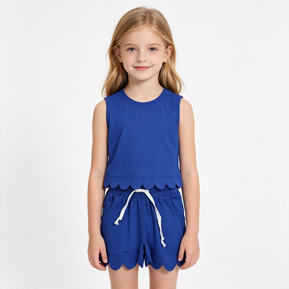 GSSO3732 Blue Cotton Tank Top Pockets Shorts Girls Summer Scallop Clothes Set
