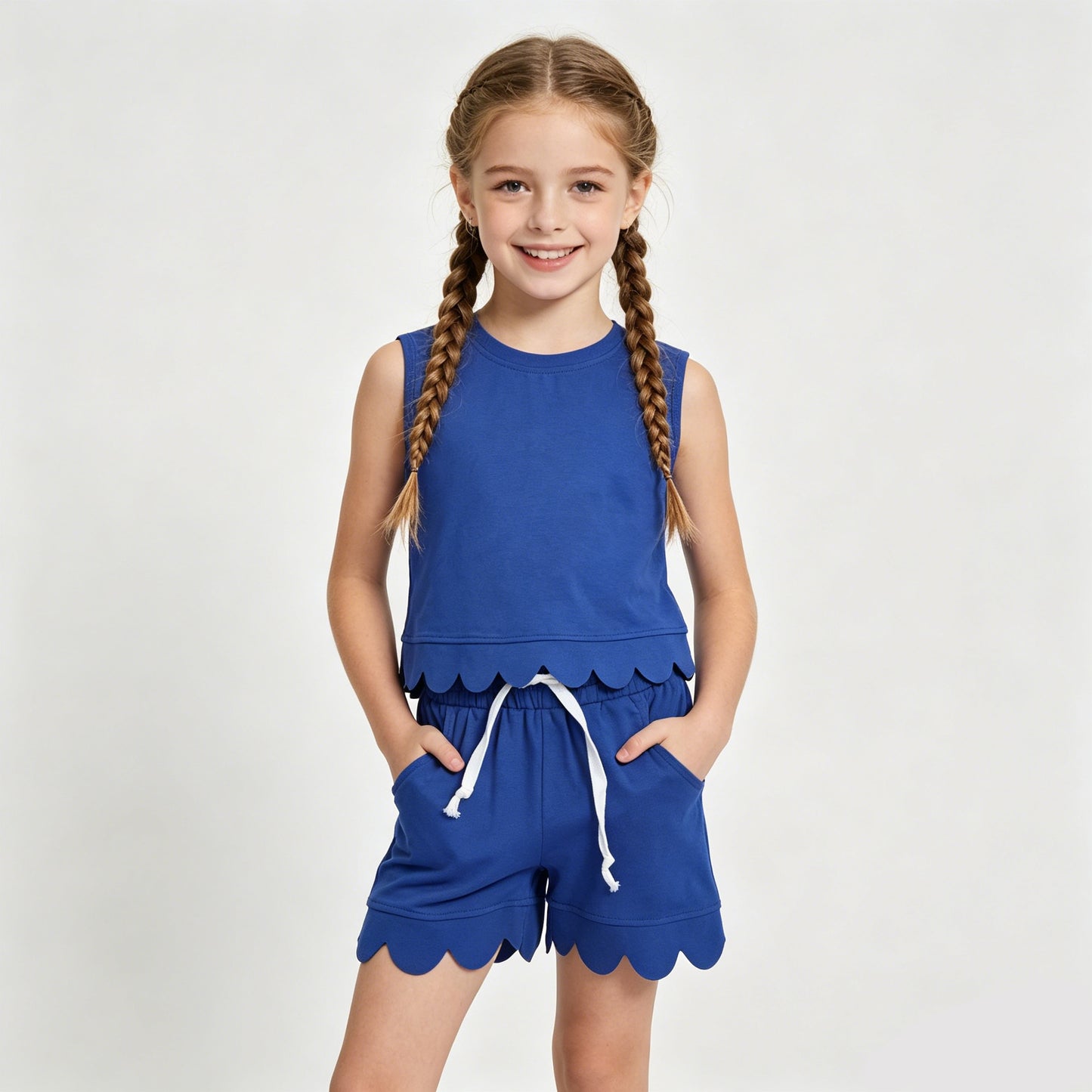 GSSO3732 Blue Cotton Tank Top Pockets Shorts Girls Summer Scallop Clothes Set