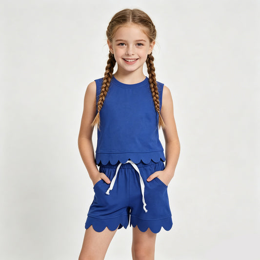 GSSO3732 Blue Cotton Tank Top Pockets Shorts Girls Summer Scallop Clothes Set