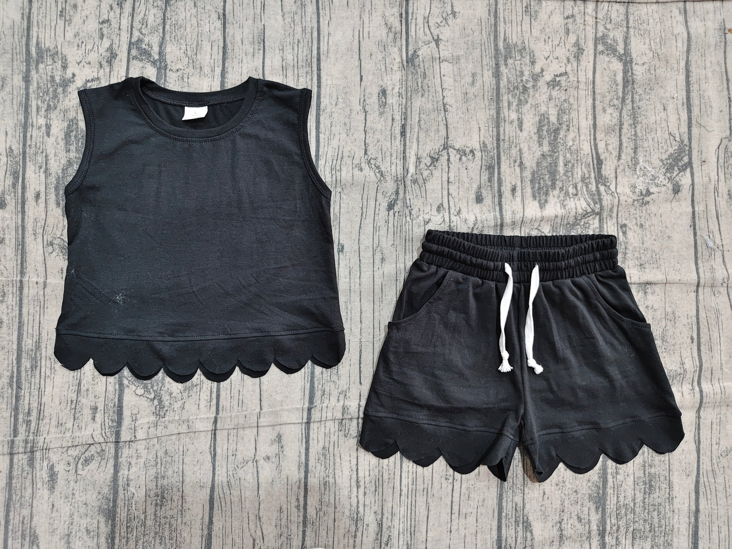 GSSO3733 Black Cotton Tank Top Pockets Shorts Girls Summer Scallop Clothes Set