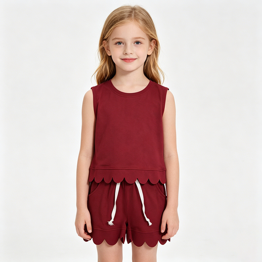 GSSO3734 Wine Cotton Sleeveless Top Pockets Shorts Girls Summer Scallop Clothes Set
