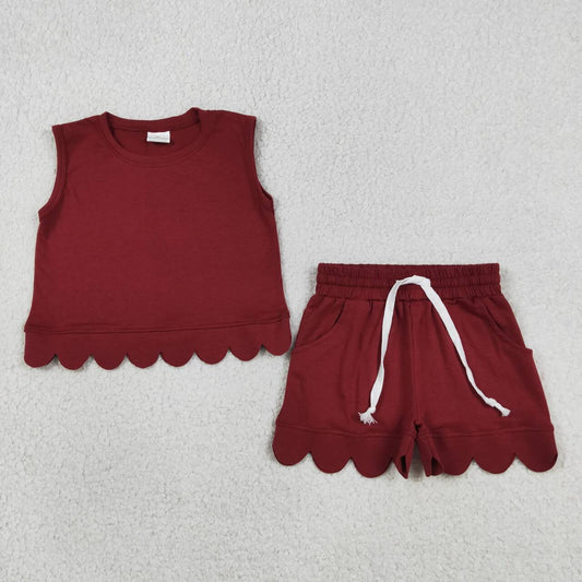 GSSO3734 Wine Cotton Sleeveless Top Pockets Shorts Girls Summer Scallop Clothes Set