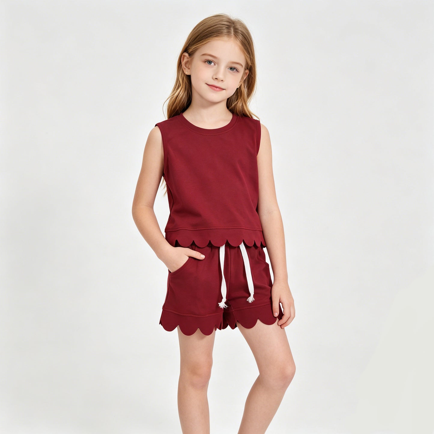 Mommy and Me Solid Color Cotton Scallop Set - Sleeveless Top & Shorts Outfit