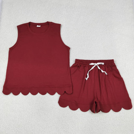 Mommy and Me Red Solid Color Scallop Set - Sleeveless Top & Shorts Outfit