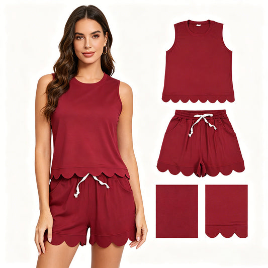GSSO3735 Wine Color Sleeveless Top Shorts Woman Summer Scallop Cotton Clothes Set