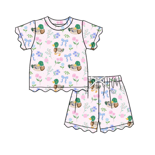 4.9 GSSO3737 Preorder Duck Flowers Bows Shorts Girls Summer Scallop Clothes Set