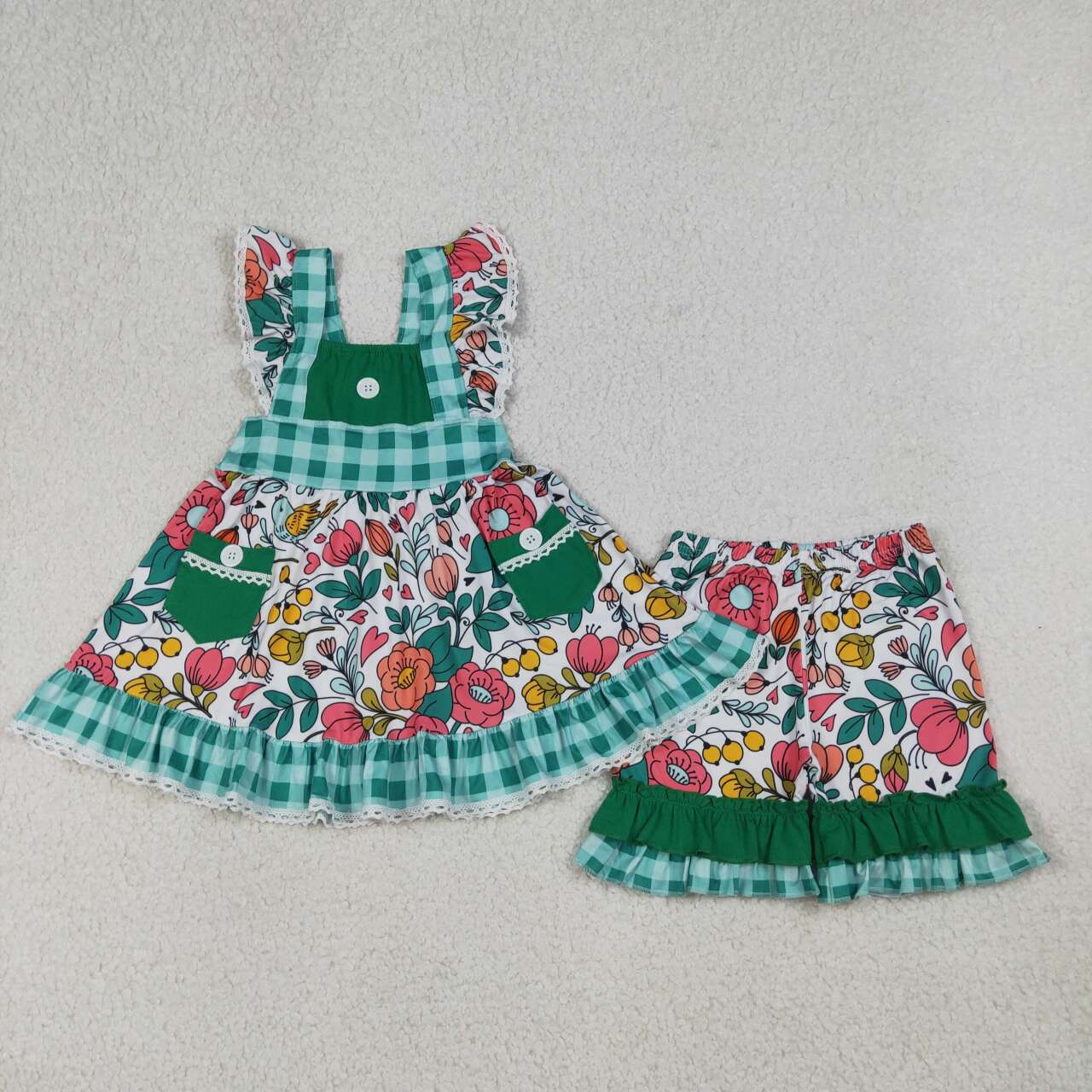 (Promotion)GSSO3738  Flowers Pockets Tunic Top Ruffle Shorts Girls Summer Clothes Set