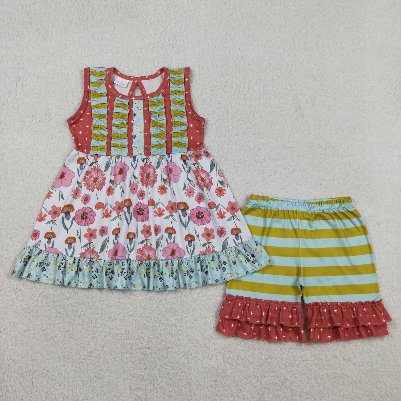 (Promotion)GSSO3740  Flowers Sleeveless Tunic Top Ruffle Shorts Girls Summer Clothes Set