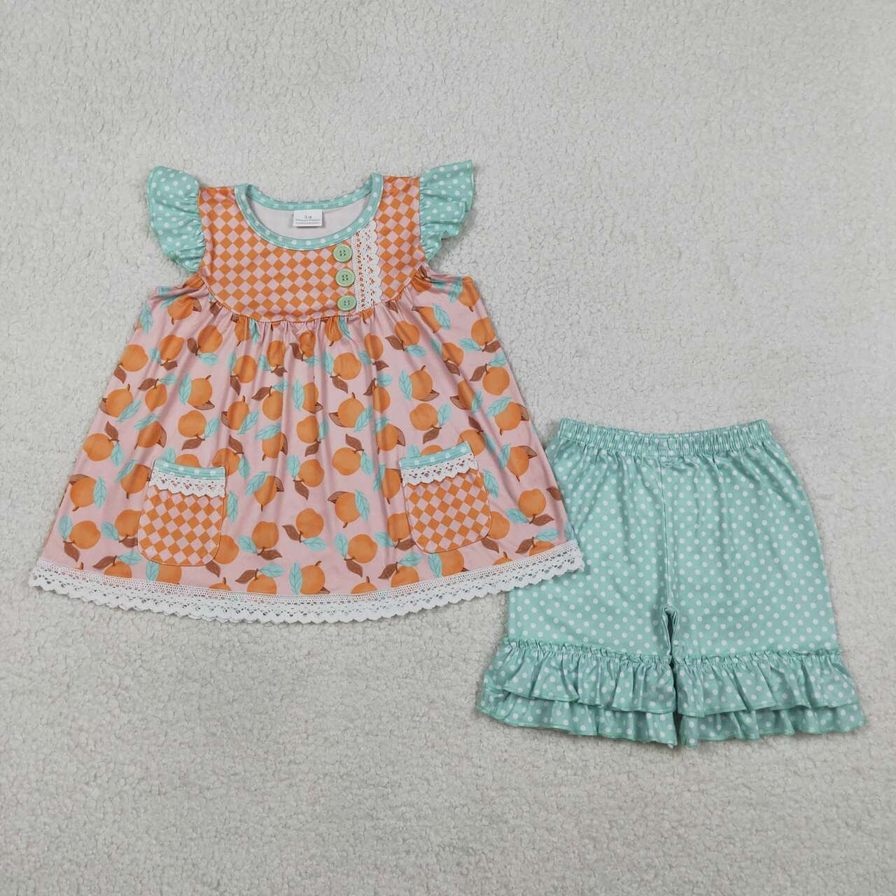 (Promotion)GSSO3742  Fruit Pockets Tunic Top Dots Shorts Girls Summer Clothes Set
