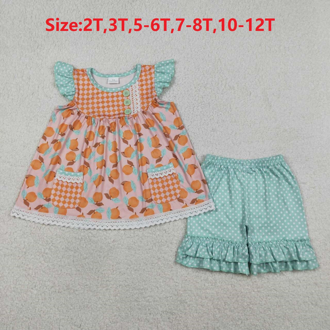 (Promotion)GSSO3742  Fruit Pockets Tunic Top Dots Shorts Girls Summer Clothes Set