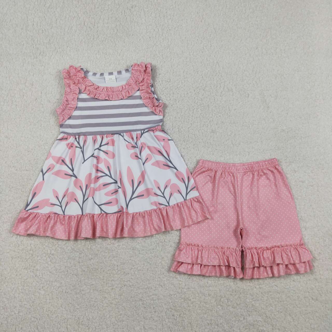 (Promotion)GSSO3745  Flowers Tunic Top Dots Shorts Girls Summer Clothes Set