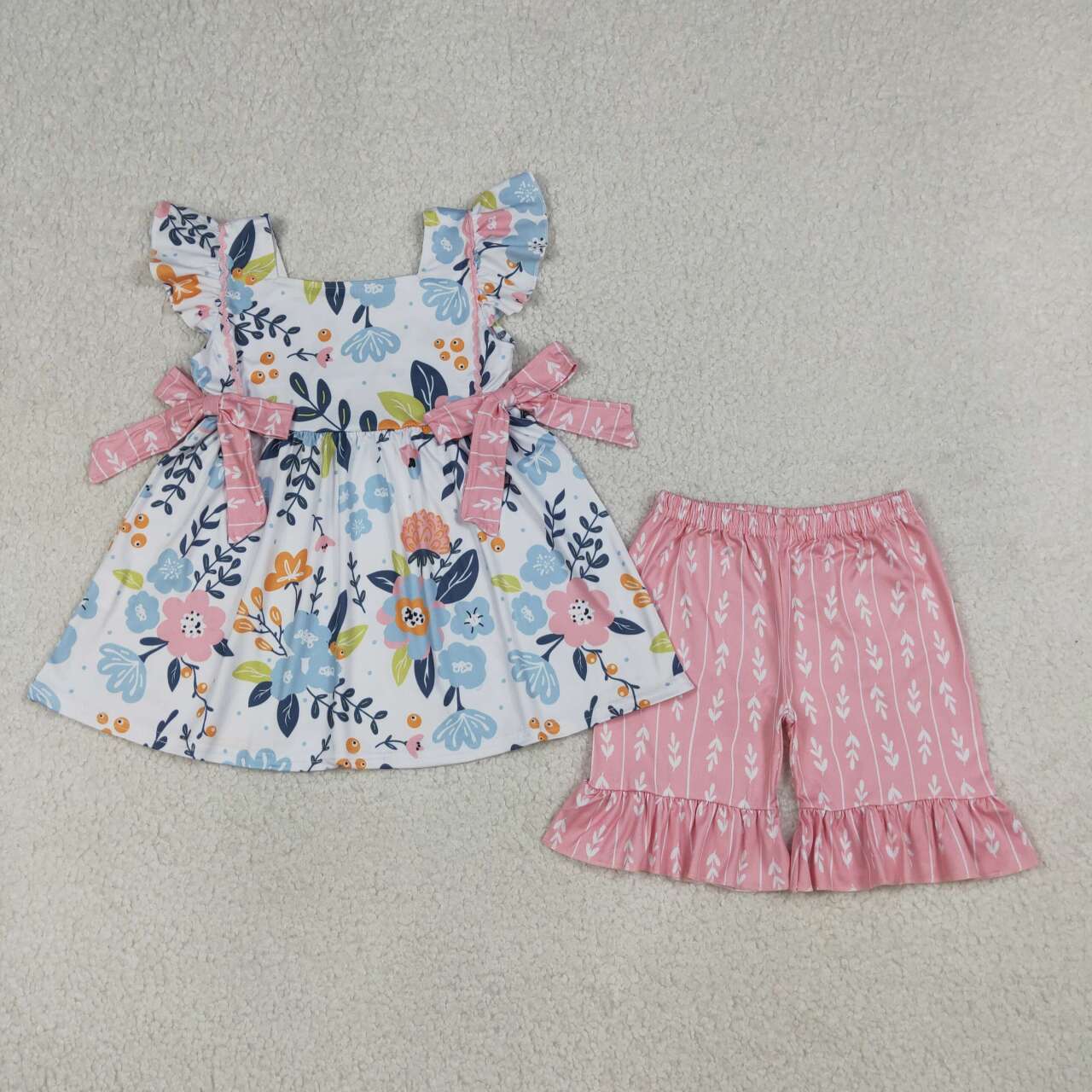 (Promotion)GSSO3746  Flowers Tunic Top Pink Ruffle Shorts Girls Summer Clothes Set
