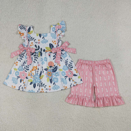 (Promotion)GSSO3746  Flowers Tunic Top Pink Ruffle Shorts Girls Summer Clothes Set