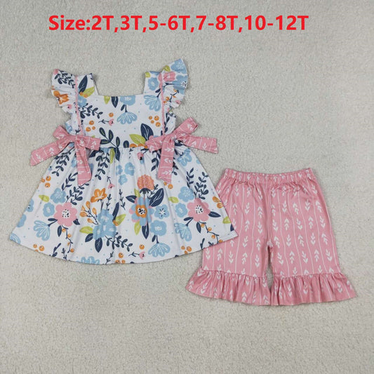 (Promotion)GSSO3746  Flowers Tunic Top Pink Ruffle Shorts Girls Summer Clothes Set