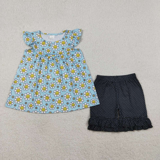 (Promotion)GSSO3749 Smiling Flowers Tunic Top Dots Shorts Girls Summer Clothes Set