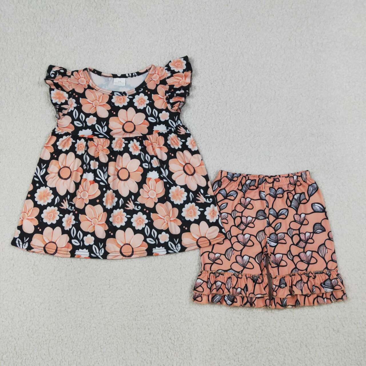 (Promotion)GSSO3750  Flowers Top Ruffle Shorts Girls Summer Clothes Set