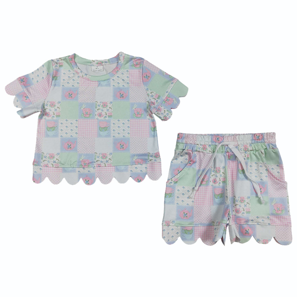 GSD3752 Preorder Flowers Plaid Top Pockets Shorts Woman Summer Scallop Clothes Set