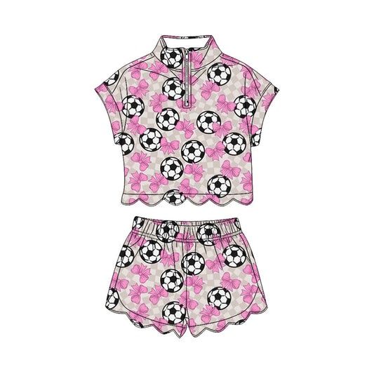 4.11 GSSO3754 Preorder Soccer Bows Plaid Shorts Girls Summer Scallop Clothes Set