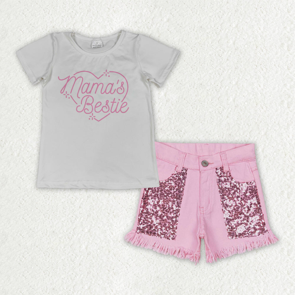 GSSO3756 MAMAS BESTIE Top Pink Sequins Denim Shorts Girls Summer Outfits