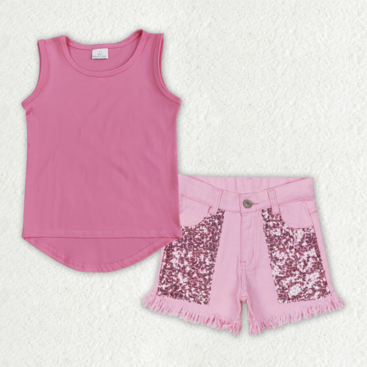 GSSO3758 Pink Top Sequins Denim Shorts Girls Summer Outfits