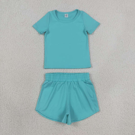 GSSO3768 Blue Color Short Sleeve Top Shorts Girls Summer Yoga Clothes Set
