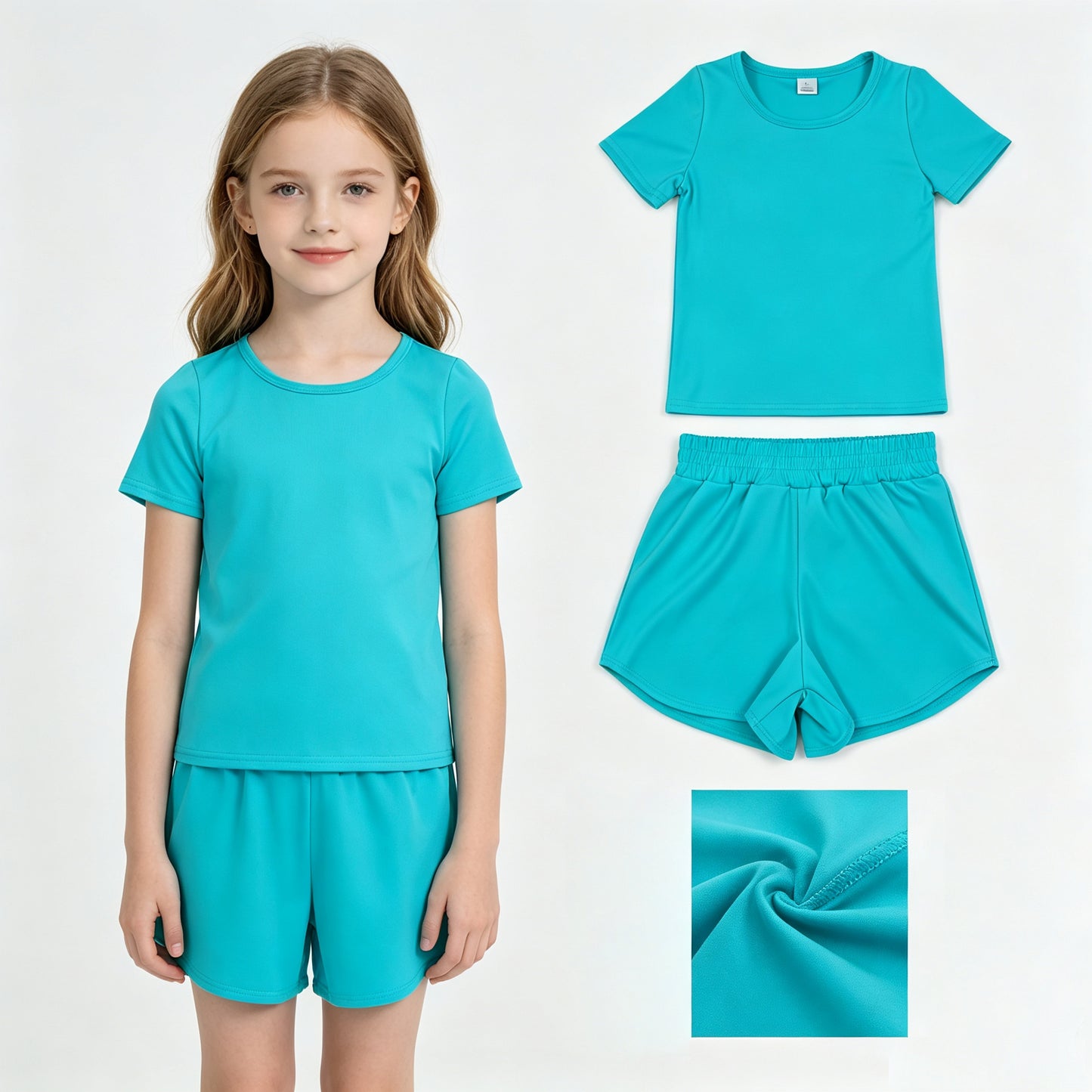 GSSO3771 Blue Color Short Sleeve Top Shorts Girls Summer Yoga Clothes Set
