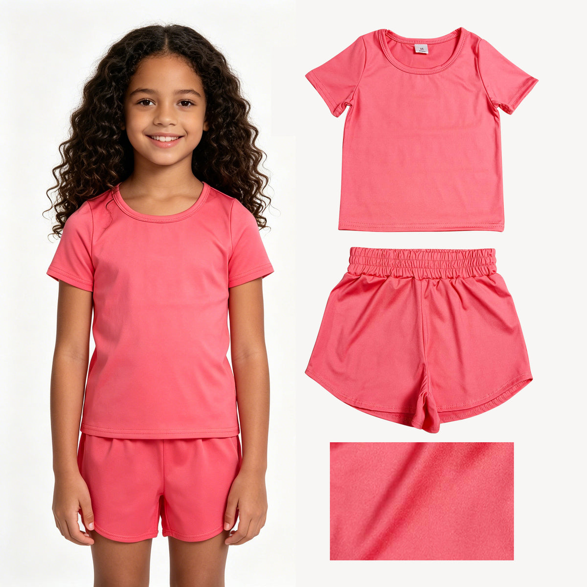 GSSO3772  Girls Coral Casual Two Piece Yoga Set,  Top & Elastic Waist Shorts for Summer