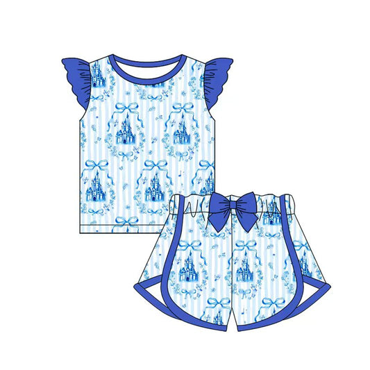4.16 GSSO3775 Preorder Castle Bows Blue Shorts Girls Scallop Clothes Set