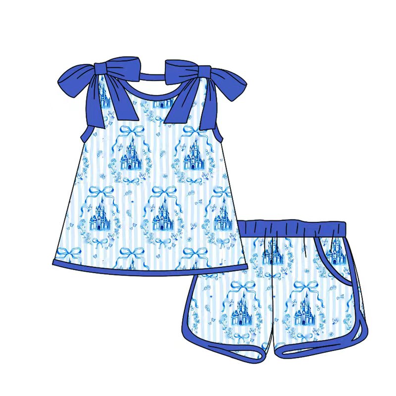 4.16 GSSO3776 Preorder Castle Bows Blue Pockets Shorts Girls Scallop Clothes Set