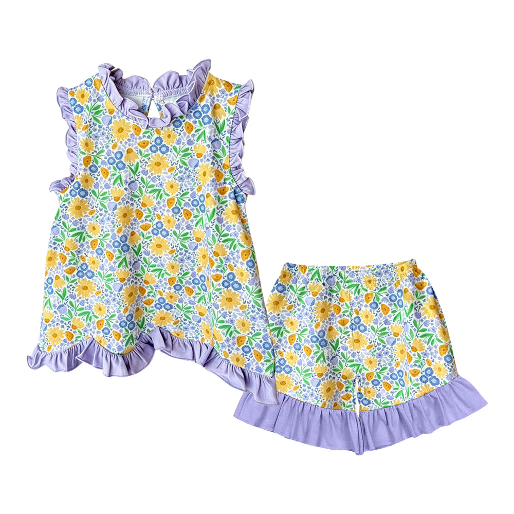 4.18 GSSO3777 Preorder Yellow Blue Flowers Print Girls Summer Ruffle Clothes Set
