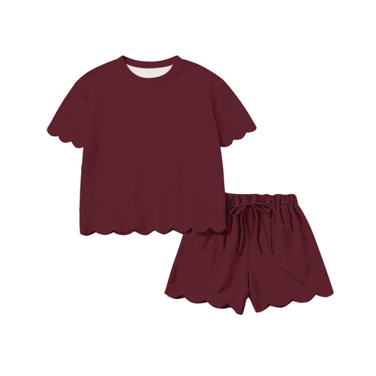 4.22 GSSO3778 Preorder Wine Cotton Shorts Girls Scallop Clothes Set
