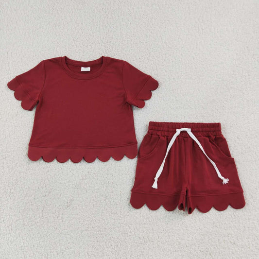 GSSO3778 Wine Cotton Pockets Girls Summer Scallop Clothes Set