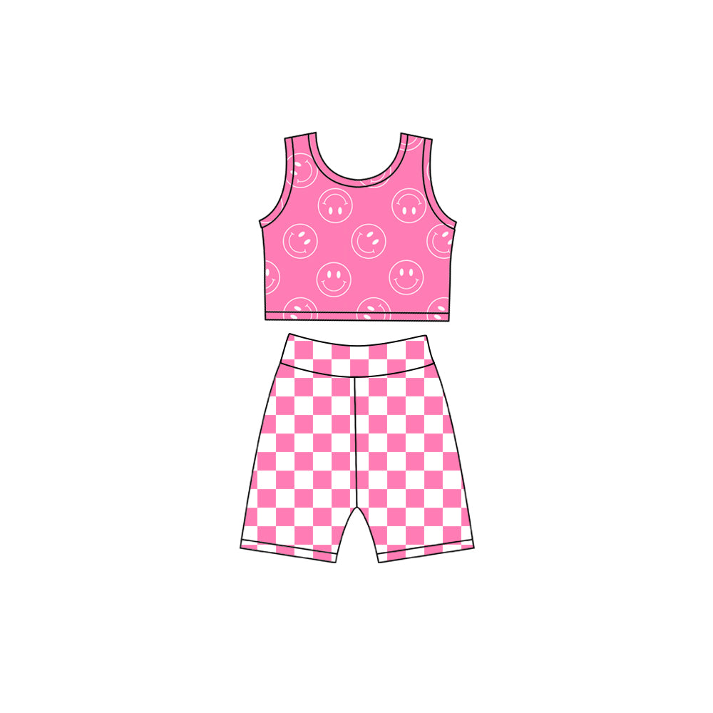 4.23  Kids Girls Pink Daisy Tank with Checker Biker Shorts Set Preorder