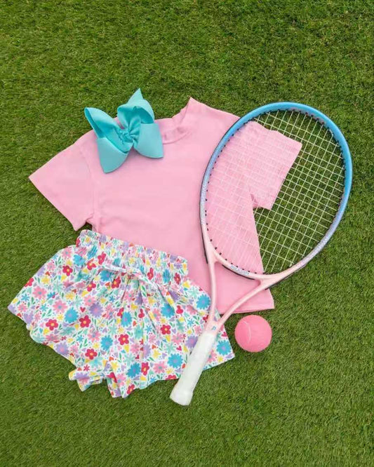 5.5 Toddler Girls Pink Short Sleeve Top with Floral Shorts Outfit Preorder
